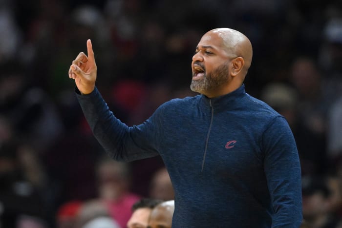 Jan 7, 2024; Cleveland, Ohio, USA; Cleveland Cavaliers head coach J. B. Bickerstaff reacts in the second quarter against the San Antonio Spurs at Rocket Mortgage FieldHouse.